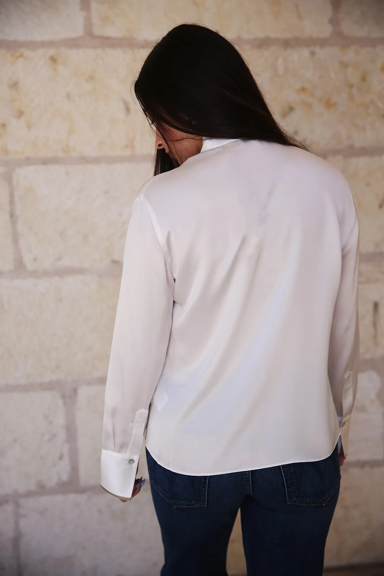 Tipped Slim Long-Sleeve Silk Blouse Off White/Rye