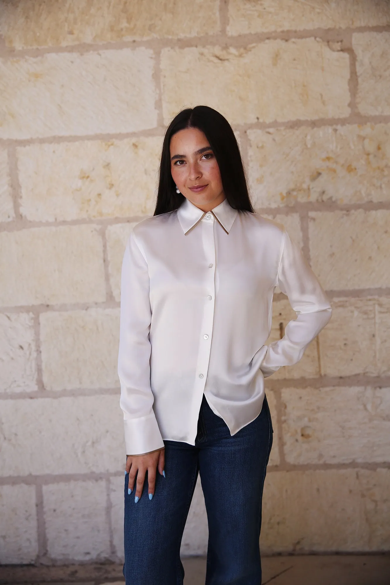 Tipped Slim Long-Sleeve Silk Blouse Off White/Rye