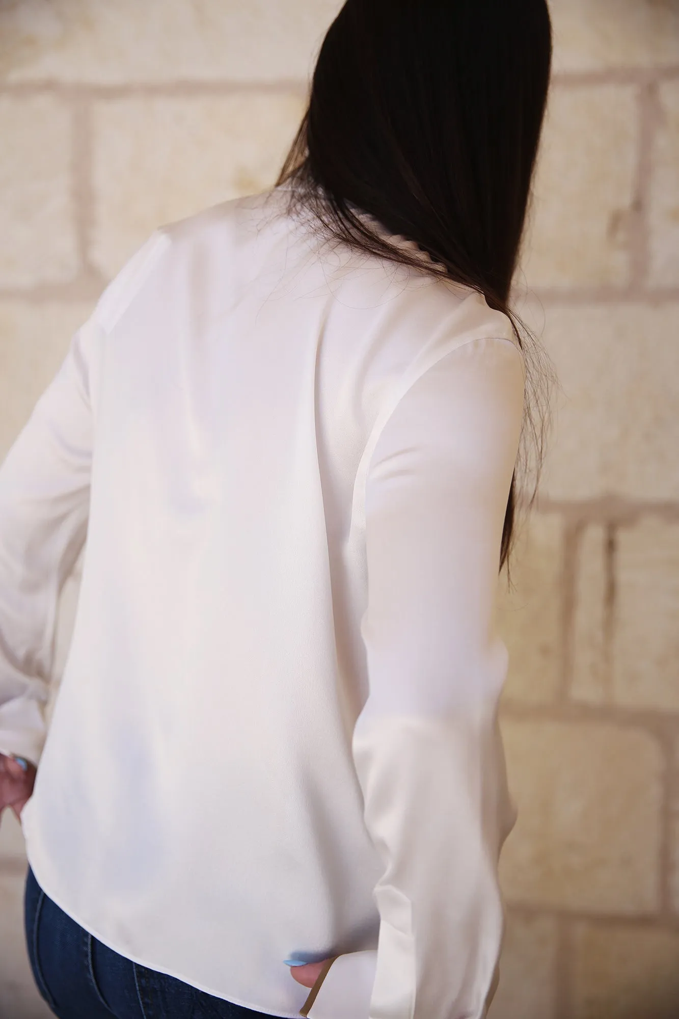 Tipped Slim Long-Sleeve Silk Blouse Off White/Rye