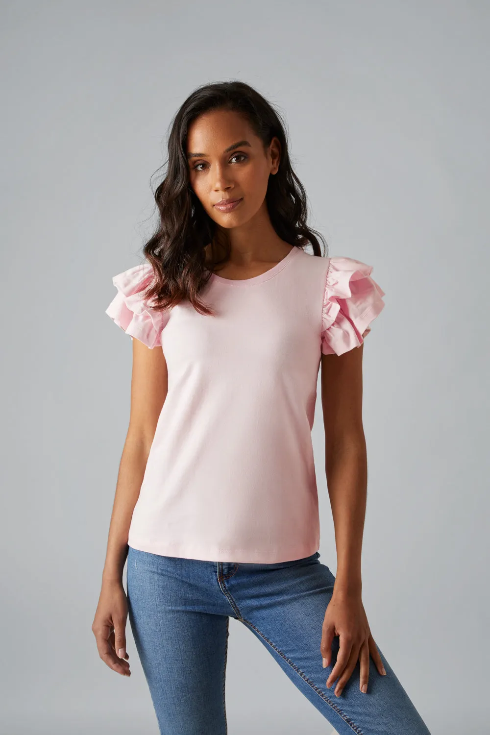 UMA-SLIGHT SCOOP NECK RUFFLE SLEEVELESS T-SHIRT