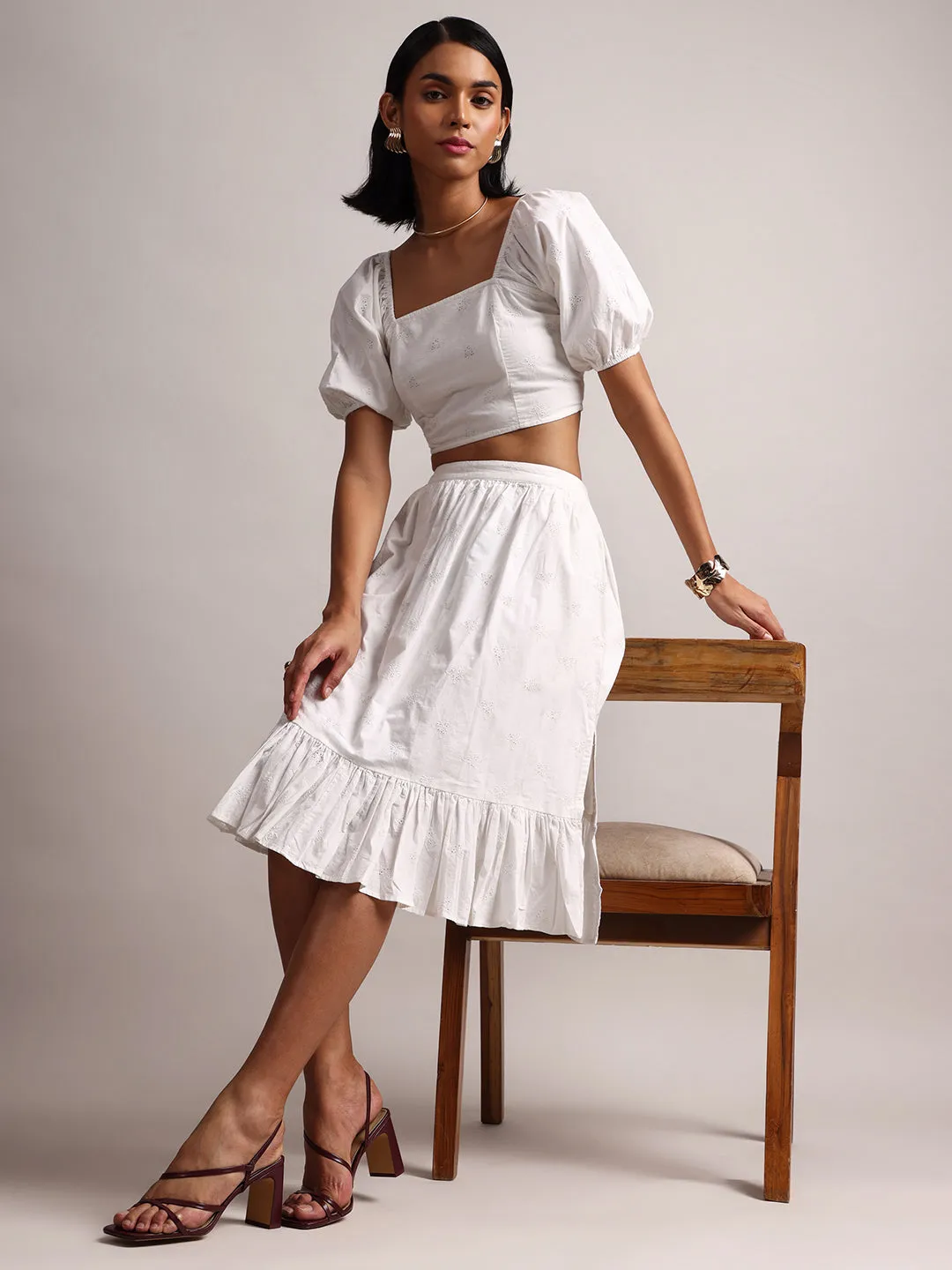 White Cotton Schiffli Fit & Flare Skirt Top Set  - By Janasya