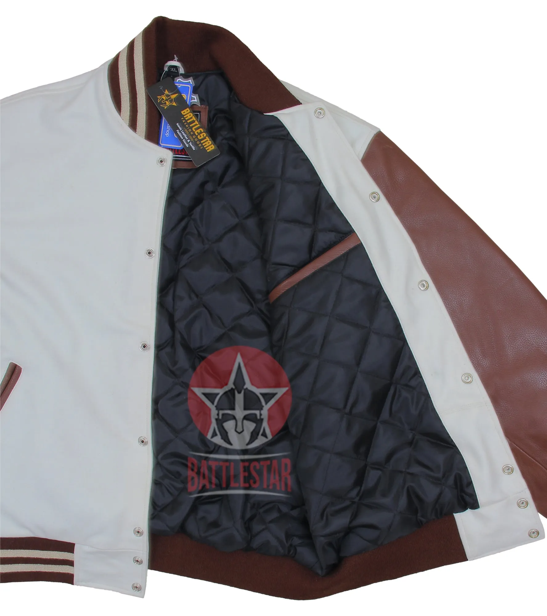 White Wool Brown Leather Sleeves Varsity Baseball Jacket