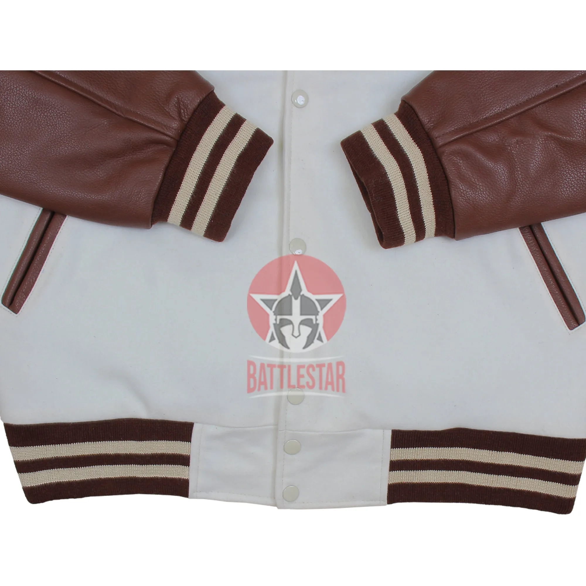 White Wool Brown Leather Sleeves Varsity Baseball Jacket