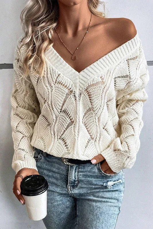 Women Hollow Out Knit V Neck Drop Shoulder Sweater