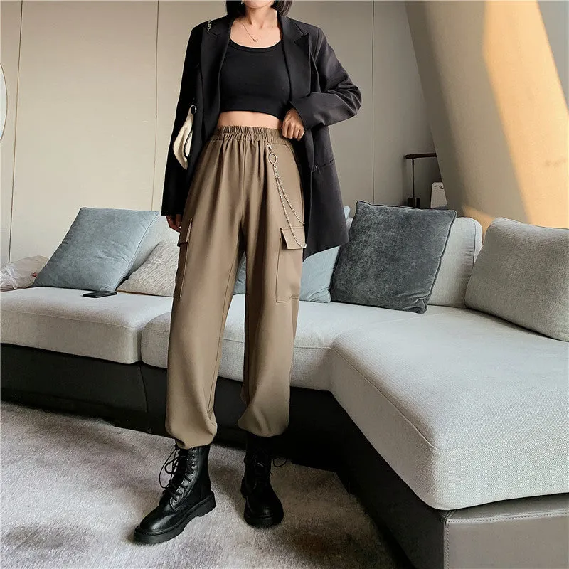 women loose sport high waisted slim fit tube legged versatile pants hipster fashion with chain