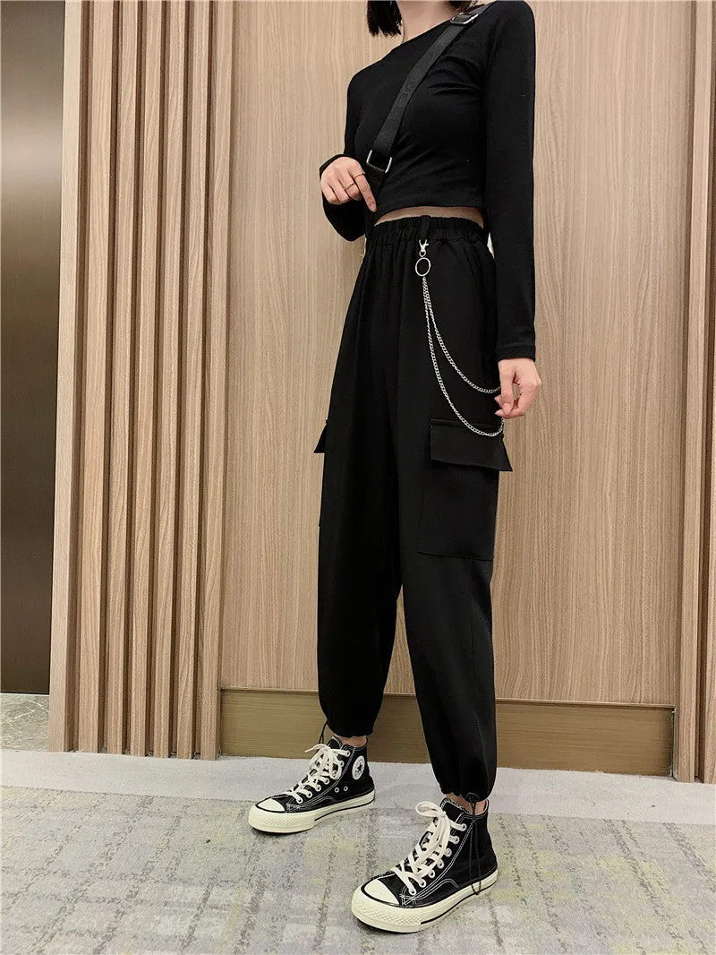 women loose sport high waisted slim fit tube legged versatile pants hipster fashion with chain