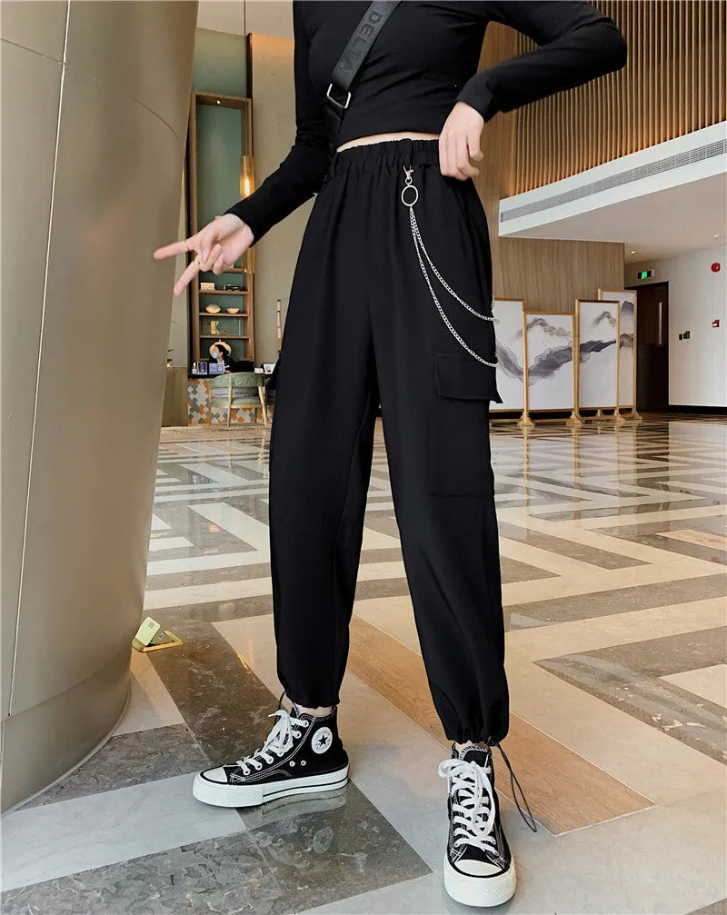 women loose sport high waisted slim fit tube legged versatile pants hipster fashion with chain